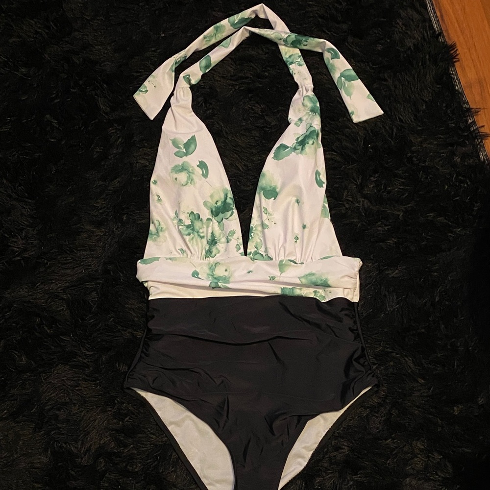 NEW!! White & Green Floral Halter One-Piece Swimsuit with Black Bottom